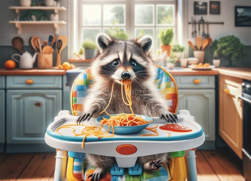 raccoon-eating-spaghetti-high-chair-playful-raccoon-sits-high-chair-happily-eating-spaghetti-sunny-kitchen-setting-298297858-1566503562