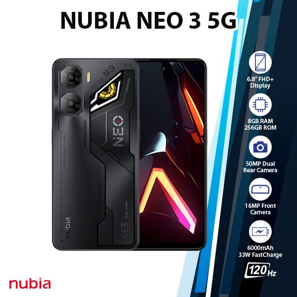 nubia Neo 3 5G Android Cell Phone (8GB+256GB/BLACK/Dual SIM