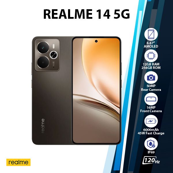 Realme 14 5G Android Cell Phone (12+256GB/STORM TITANIUM/Dual SIM