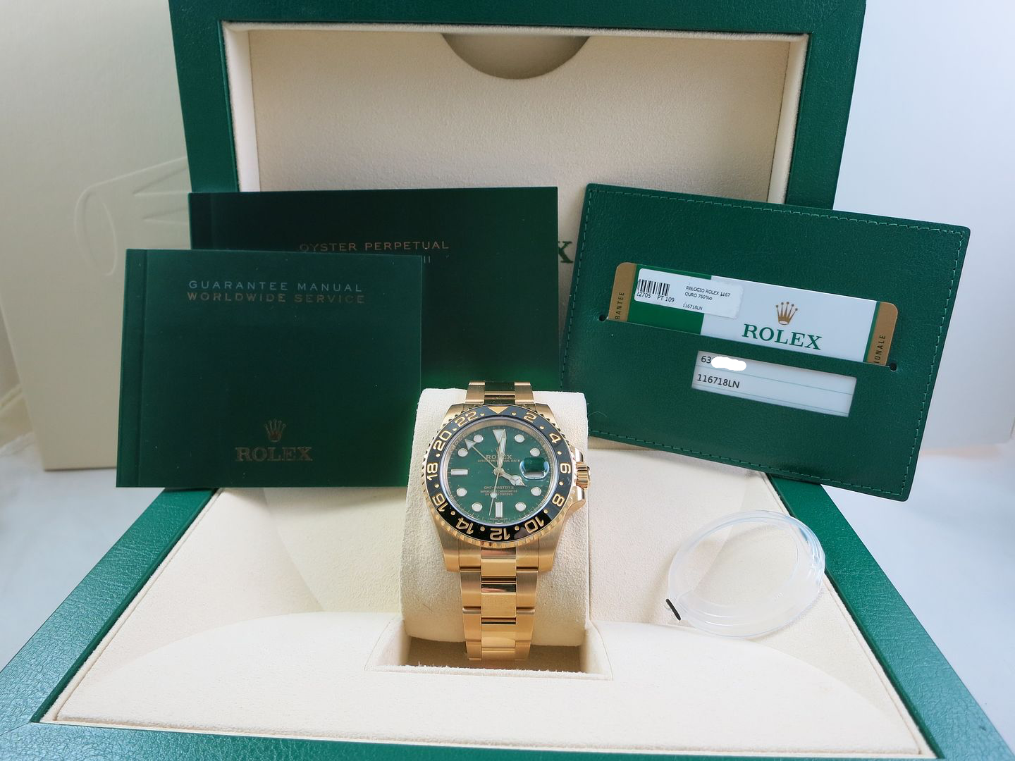 ROLEX GMT MASTER II YELLOW GOLD 116718 GREEN DIAL COMPLETE FULLY STICKERED NOS