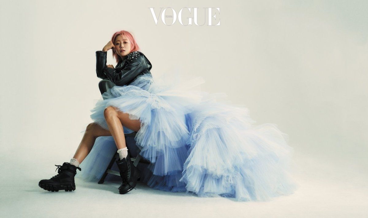 Kim Hee Sun Wins the Couture Queen Showdown with Punk Princess Vogue Pictorial Taking Full Advantage of Her Shorn Pink Locks Styled for the Drama Tomorrow