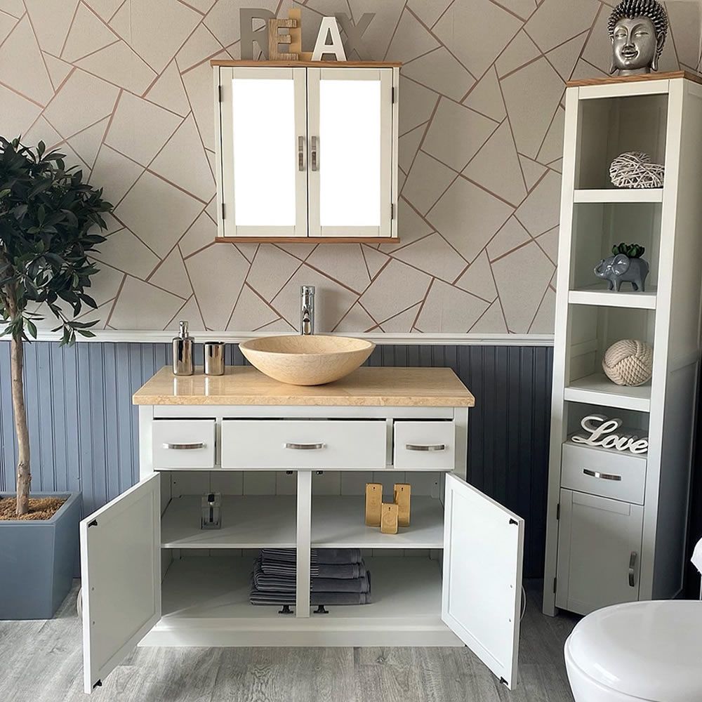 Bathroom Vanity Off White Modern Cabinet Wash Stand Cream Marble Top Basin Ebay