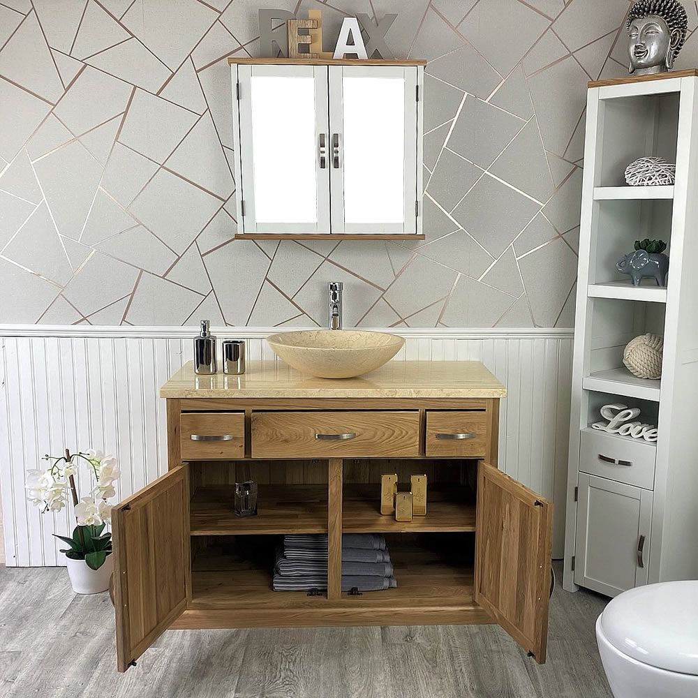 Bathroom Vanity Solid Oak Modern Cabinet Wash Stand Cream Marble Top Basin Ebay