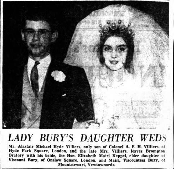 Pearl tiara worn by granddaughter of Edith Belfast Telegraph 28 June 1962 Keppel Villiers wedding