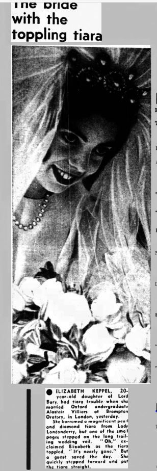 Pearl tiara worn by granddaughter of Edith Daily Mirror 28 June 1962 Keppel Villiers wedding