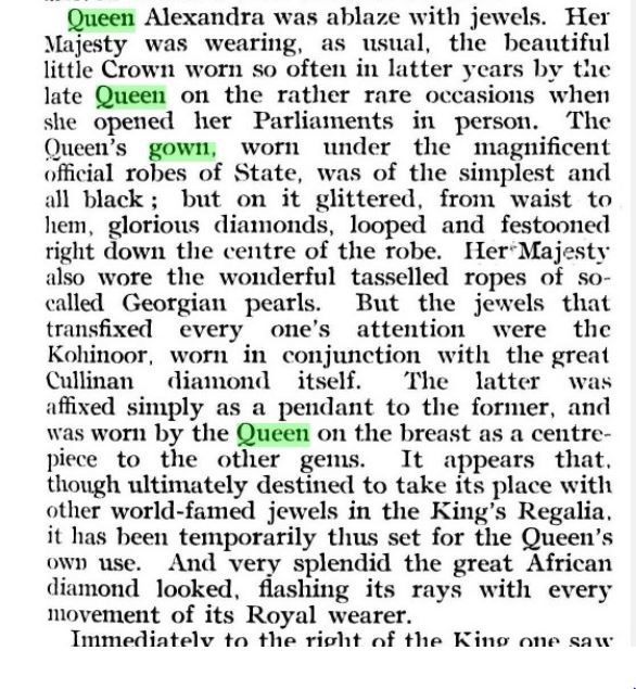 1909 Gentlewoman and Modern Life 27 Feb 1909 Cullinans worn black. Queen Mary in yellow