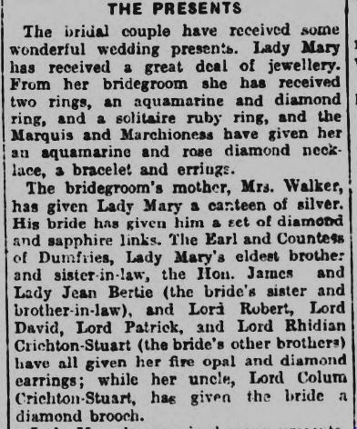 Western Mail 9 May 1933 wedding presents aquamarines from Marquess and Marchioness of Bute