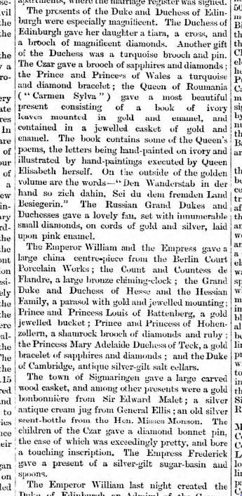 Morning Post 11 Jan 1893 wedding presents