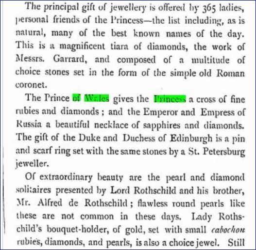 Silver wedding presents - Rothschild pearls and diamonds The Ladies Treasury 1 April 1888 p 248 Also see the Times description which in this file.