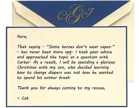 Cat's Card thanking Kara for her help in explaining the change to his father's custody agreement