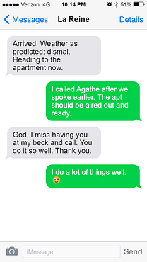 Kara attempts to flirt by saying she does many things well and includes a winky emoji
