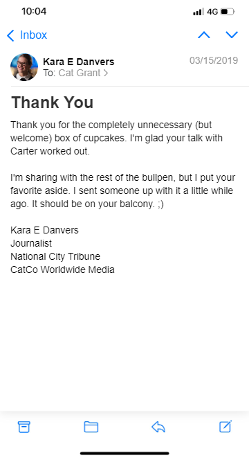 Kara's email to Cat thanking her for the box of cupcakes she sent as a thank you