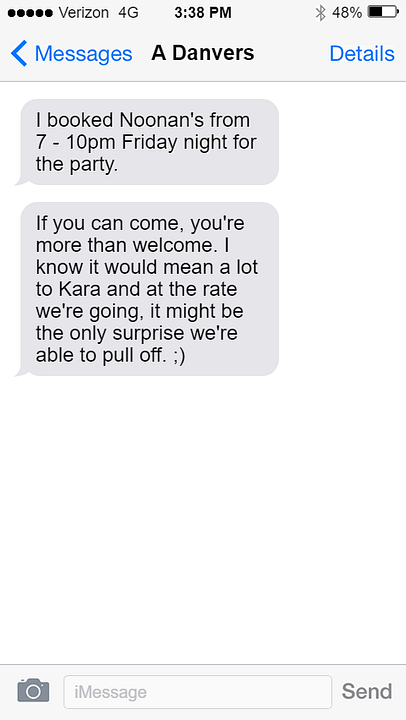 iPhone text message from Alex to Cat inviting her to the party for Kara