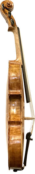 Quilted maple side view of 5-string Bluegrass fiddle handcrafted in Oregon by Artisanal Luthier Chet Bishop
