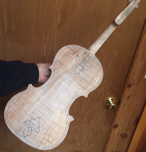 Back view of 15" Five-string viola, showing back button shape.