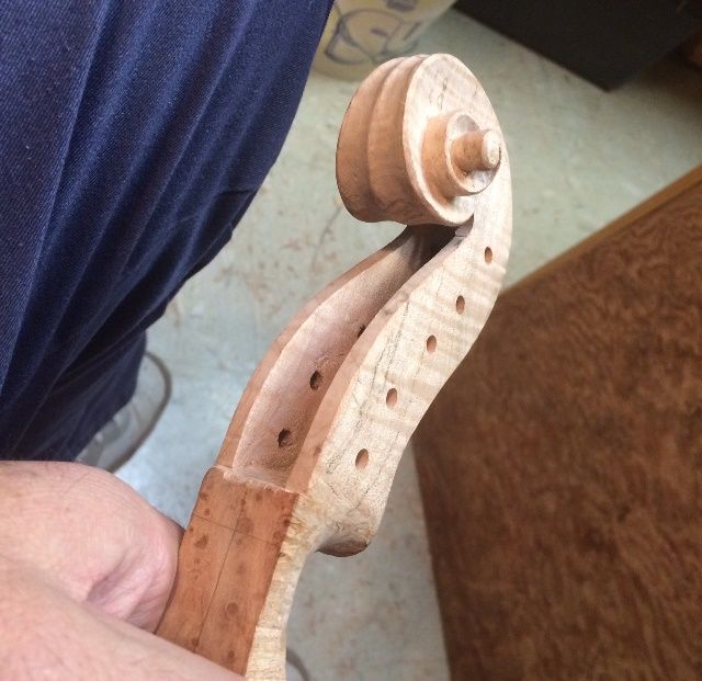 15" Five-string viola Scroll nearly complete; Pegbox essentially complete.