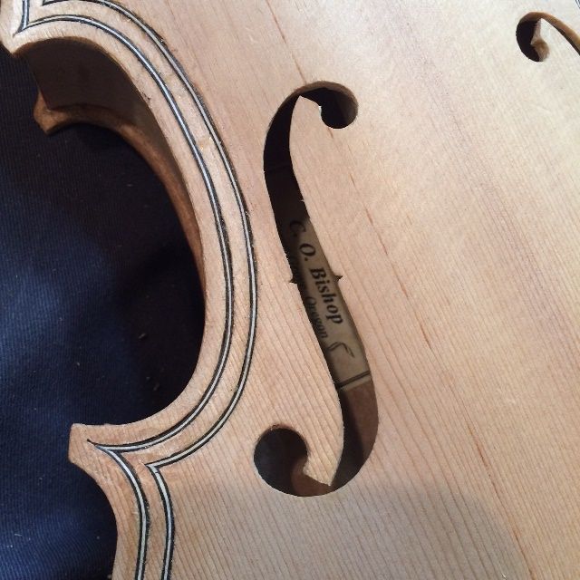 Close-up of glued purfling for the 15" Five-string viola, partially trimmed.