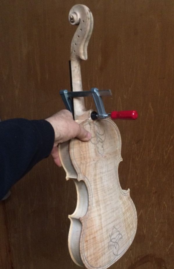 15" Five-string viola neck-set back view, showing plastic clamp-pad. 