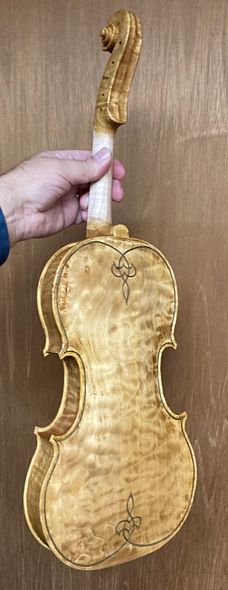 Two coats yellow varnish, back view of five string bluegrass fiddle handcrafted in Oregon by artisanal luthier Chet Bishop