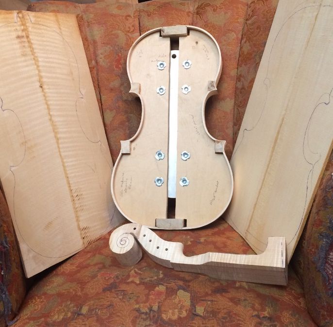 Completed garland, traced plate-shapes, and partially carved neck for the 16-1/2" five-string Viola.
