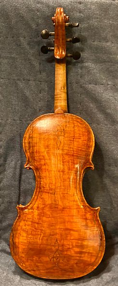 back side of five string bluegrass fiddle handcrafted in Oregon by artisanal luthier Chet Bishop.