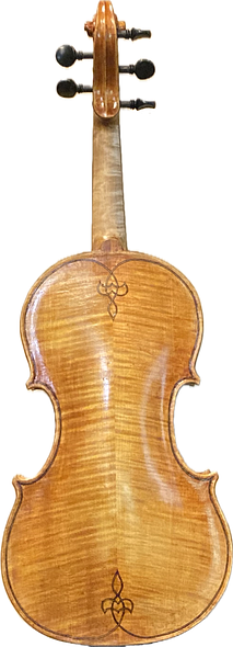 European Maple back plate of 5-string bluegrass fiddle, handcrafted in Oregon by artisanal Luthier, Chet Bishop