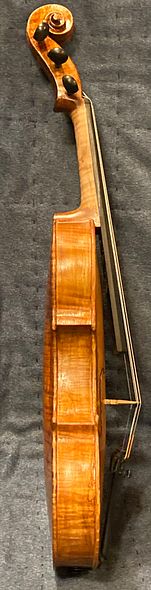 Side view of commissioned five string fiddle handcrafted in Oregon by Chet Bishop, artisanal Luthier.