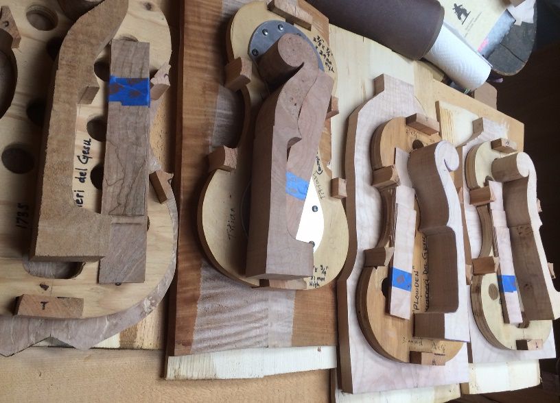 materials laid out for 5-string fiddles to be made in Oregon by Chet Bishop