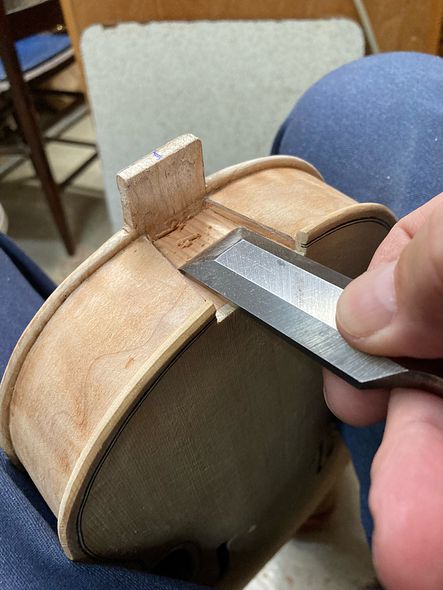 Neck Mortise in a 5-string bluegrass fiddle handcrafted in Oregon by artisanal luthier Chet Bishop.