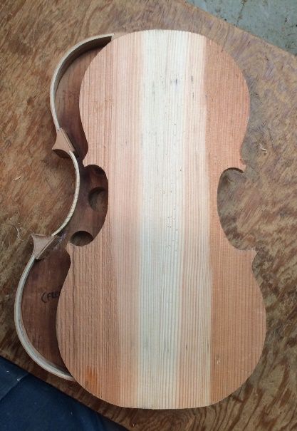 Douglas fir front plate cut out for 5-string bluegrass fiddle handmade in Oregon by Chet Bishop