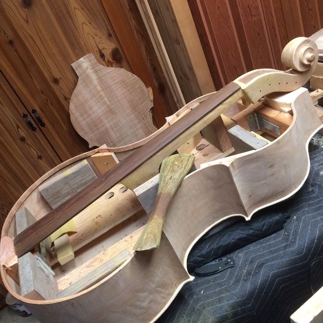 Fingerboard and tailpiece for five-string double bass with turpentine.