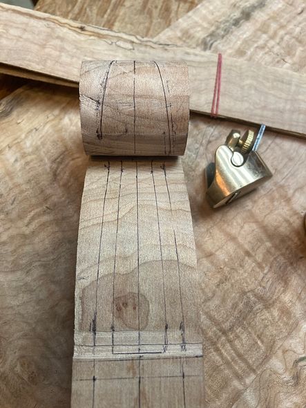 scroll blank lyout for five string fiddle handmade in Orgeon by Chet Bishop, Luthier.