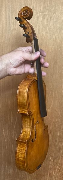 Bass side with pegs, Five string bluegrass fiddle handcrafted in Oregon by artisanal Luthier Chet Bishop.