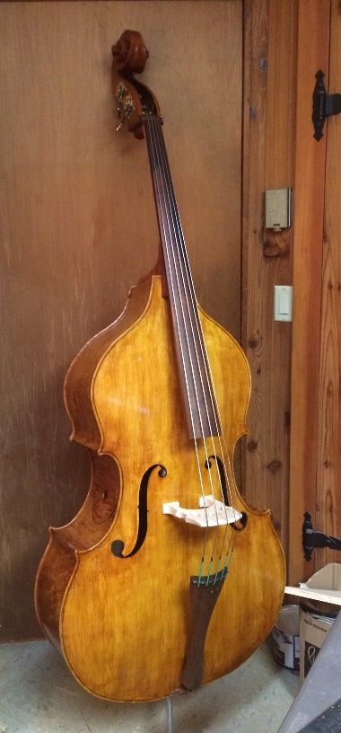 Five-string double bass, set-up and ready for final adjustments.