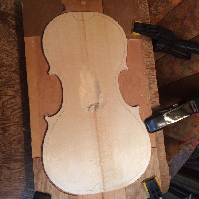 beginning to carve the interior of the front plate of the 16-1/2" five-string Viola.