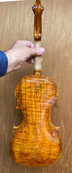 3rd color coat on back or 5-string fiddle handcrafted in Oregon by artisanal Luthier Chet Bishop