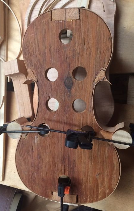 installed ribs on five-string fiddle handmade in Oregon by Chet Bishop