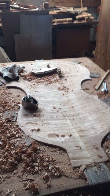 Graduation of five string double bass back plate is nearly complete.