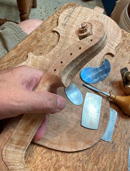 Scroll in progress for a five string bluegrass fiddle handmade in Oregon, by Chet Bishop, Luthier.