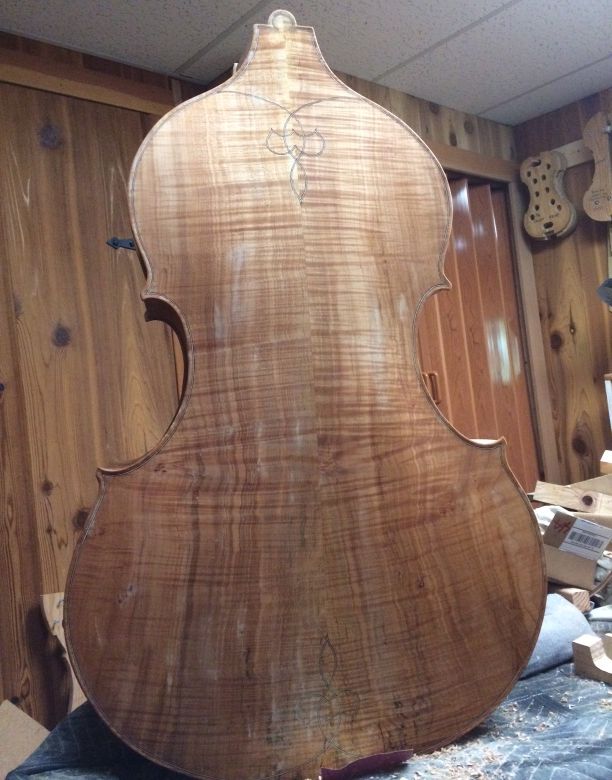 Back plate of five-string double bass, wetted with coffee.
