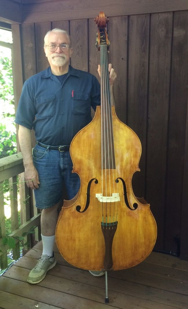 Completed five-string double bass.