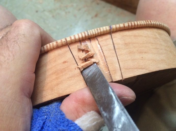 cutting neck mortise in 5-string bluegrass fiddle handmade in Oregon by Chet Bishop, Luthier