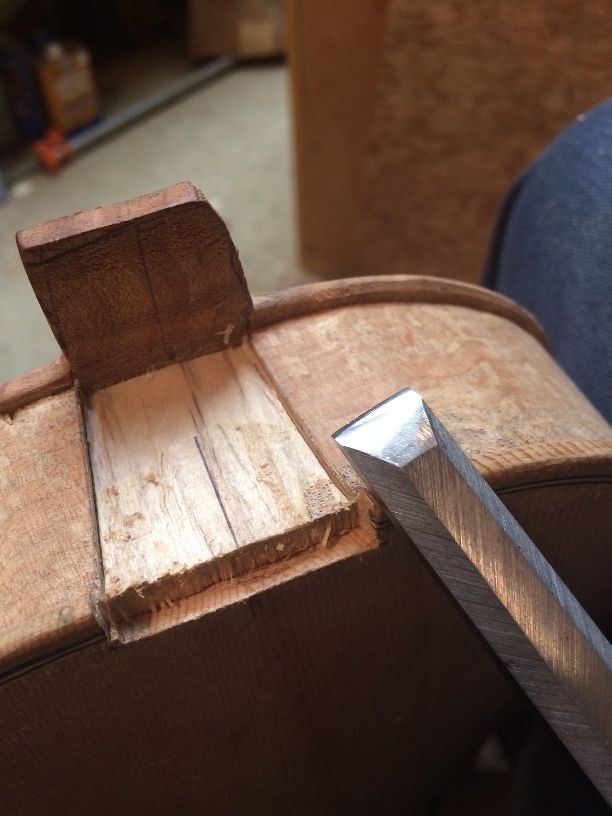 Beginning the neck mortise on an Oregon handmade 5-string fiddle by Chet Bishop