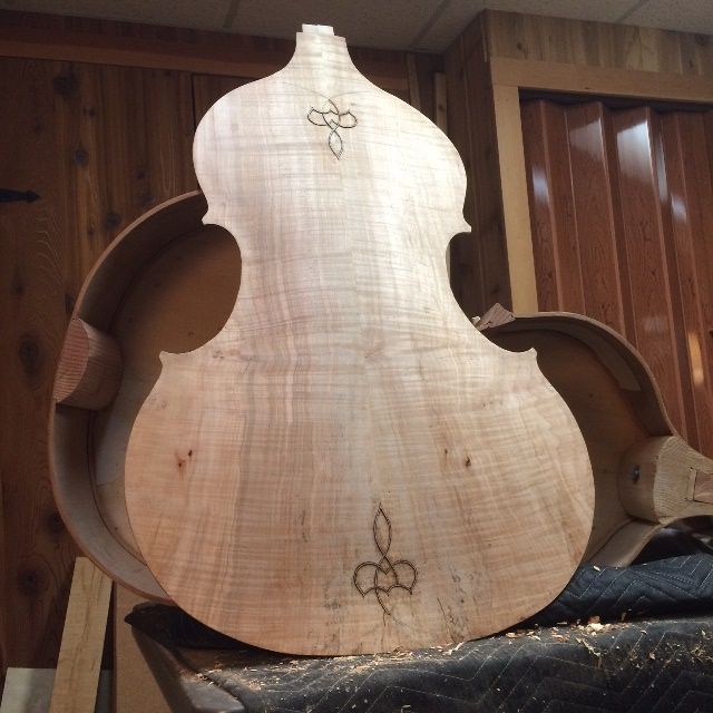 Both purfling weaves completed on the five-string double bass back plate.
