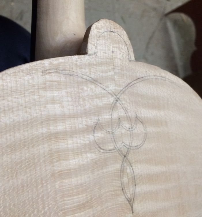 Neck heel and back button of 16-1/2" five-string Viola awaiting final shaping. Planned purfling weave sketched in.