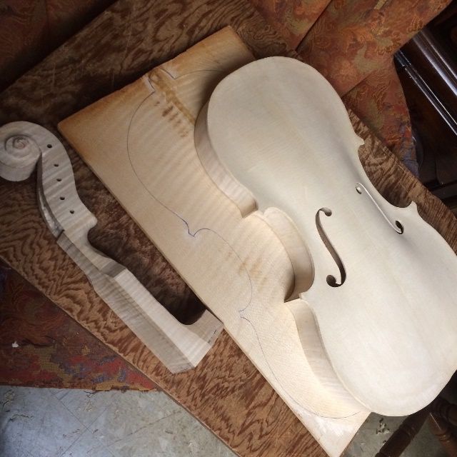 16-1/2" five-string Viola garland with top plate installed, back plate traced, and scroll begun.