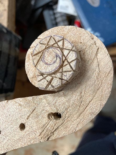 Five string scroll in progress, handmade in Oregon by Chet Bishop, Luthier.