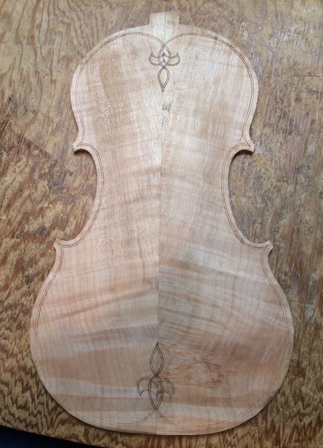 Five-string fiddle back with purfling slots incised and ready to complete.