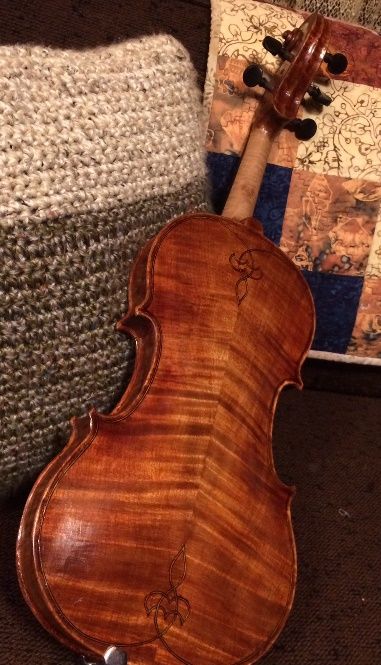 Back view of Oregon handmade five-string fiddle, or Oregon Big Leaf Maple.