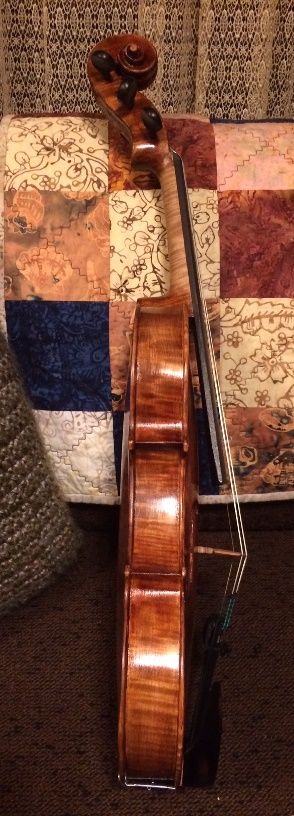 Side view of handmade 5-string bluegrass fiddle, made of Oregon Big Leaf Maple and Oregon Fouglas Fir.